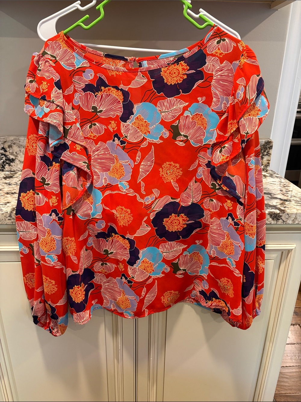Vibrant Red Floral Ruffle-Sleeve Blouse